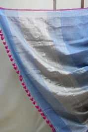 Sky Blue Plain Linen Saree With Pink Tassels - SRSBPLS288