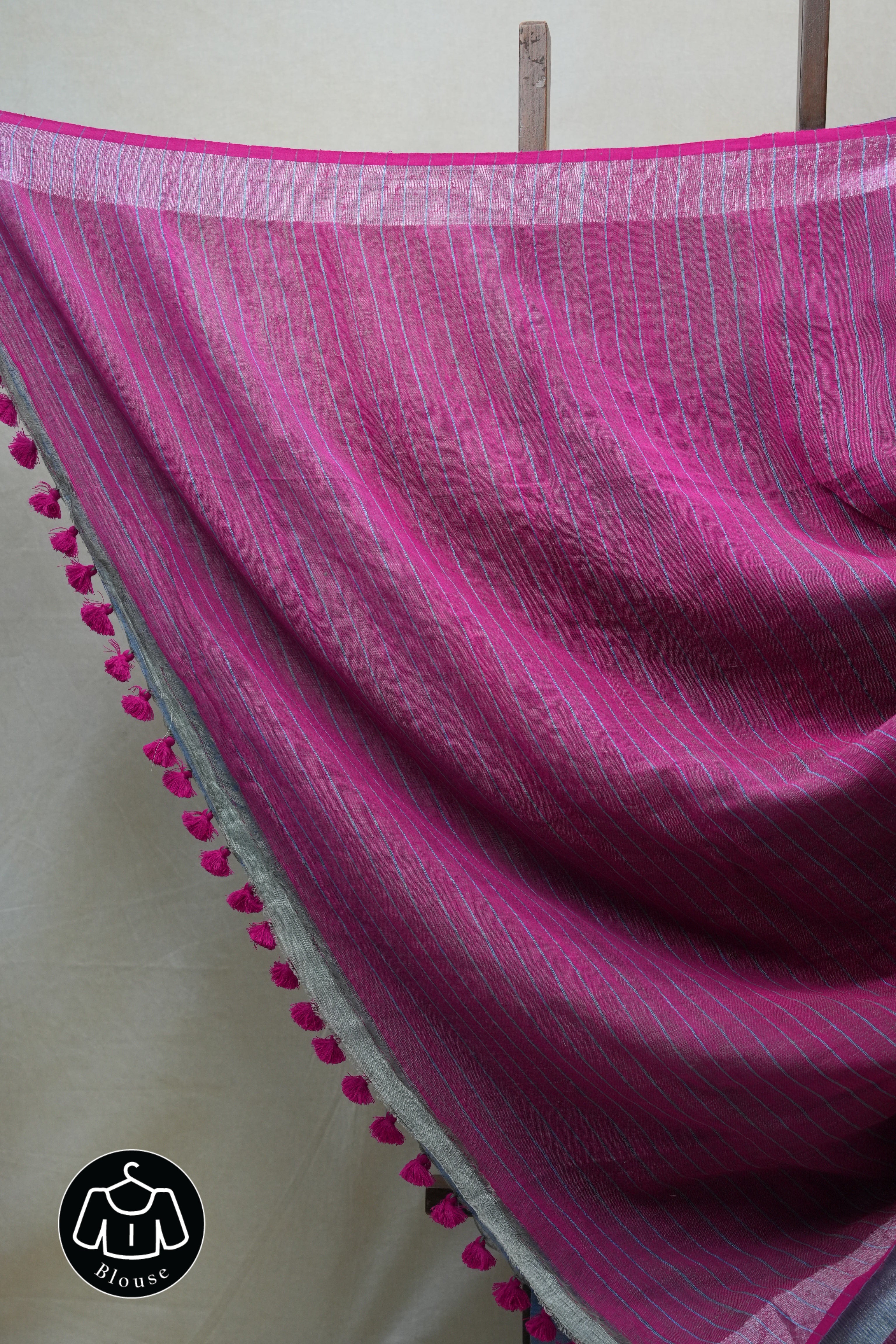 Sky Blue Plain Linen Saree With Pink Tassels - SRSBPLS288