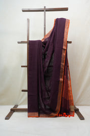 Wine Plain Linen Saree With Tassels - SRWPLS268