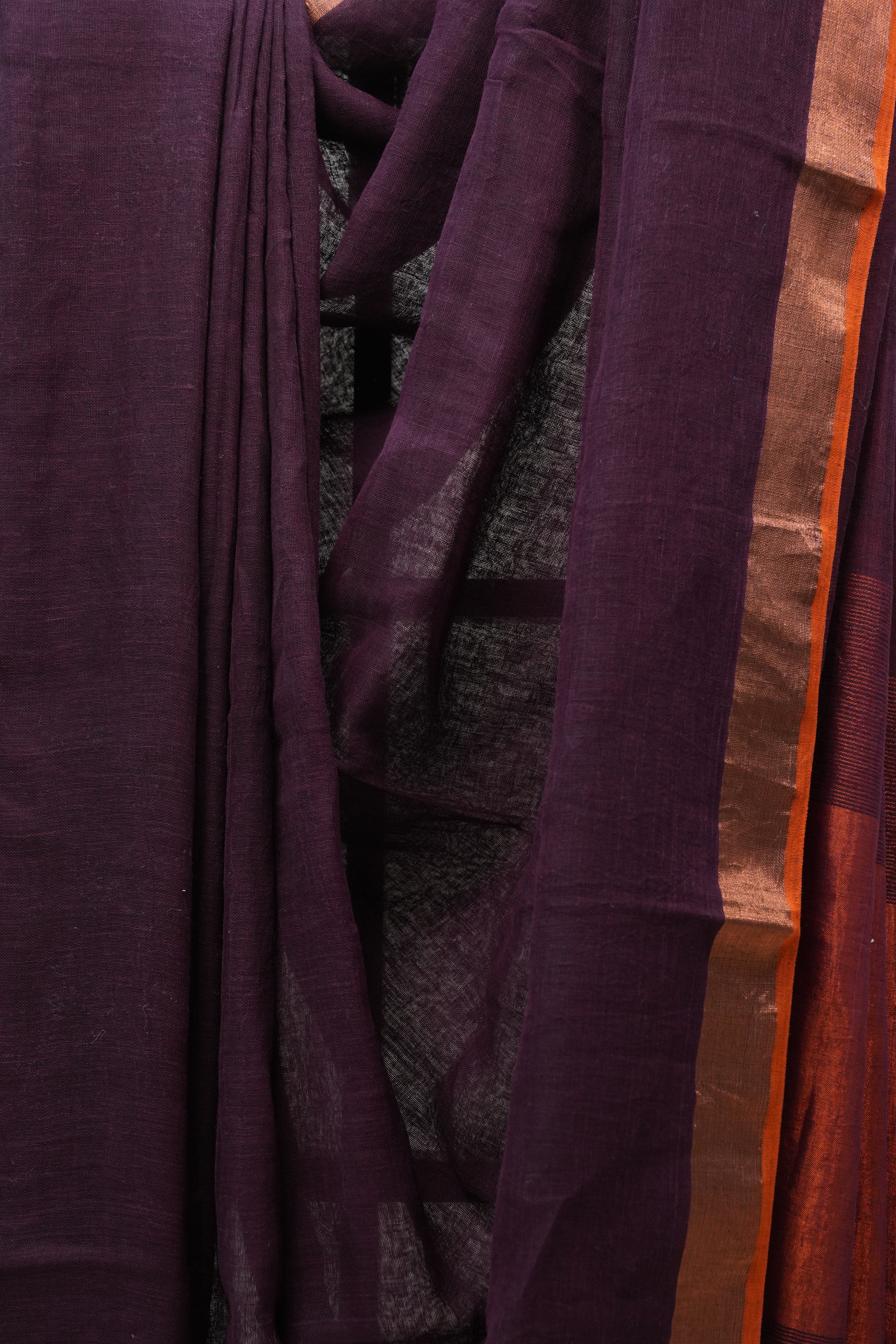 Wine Plain Linen Saree With Tassels - SRWPLS268