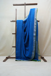 Blue Plain Linen Saree With Green Tassels - SRBPLS272
