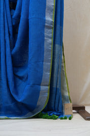Blue Plain Linen Saree With Green Tassels - SRBPLS272