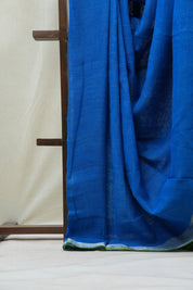 Blue Plain Linen Saree With Green Tassels - SRBPLS272