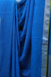 Blue Plain Linen Saree With Green Tassels - SRBPLS272