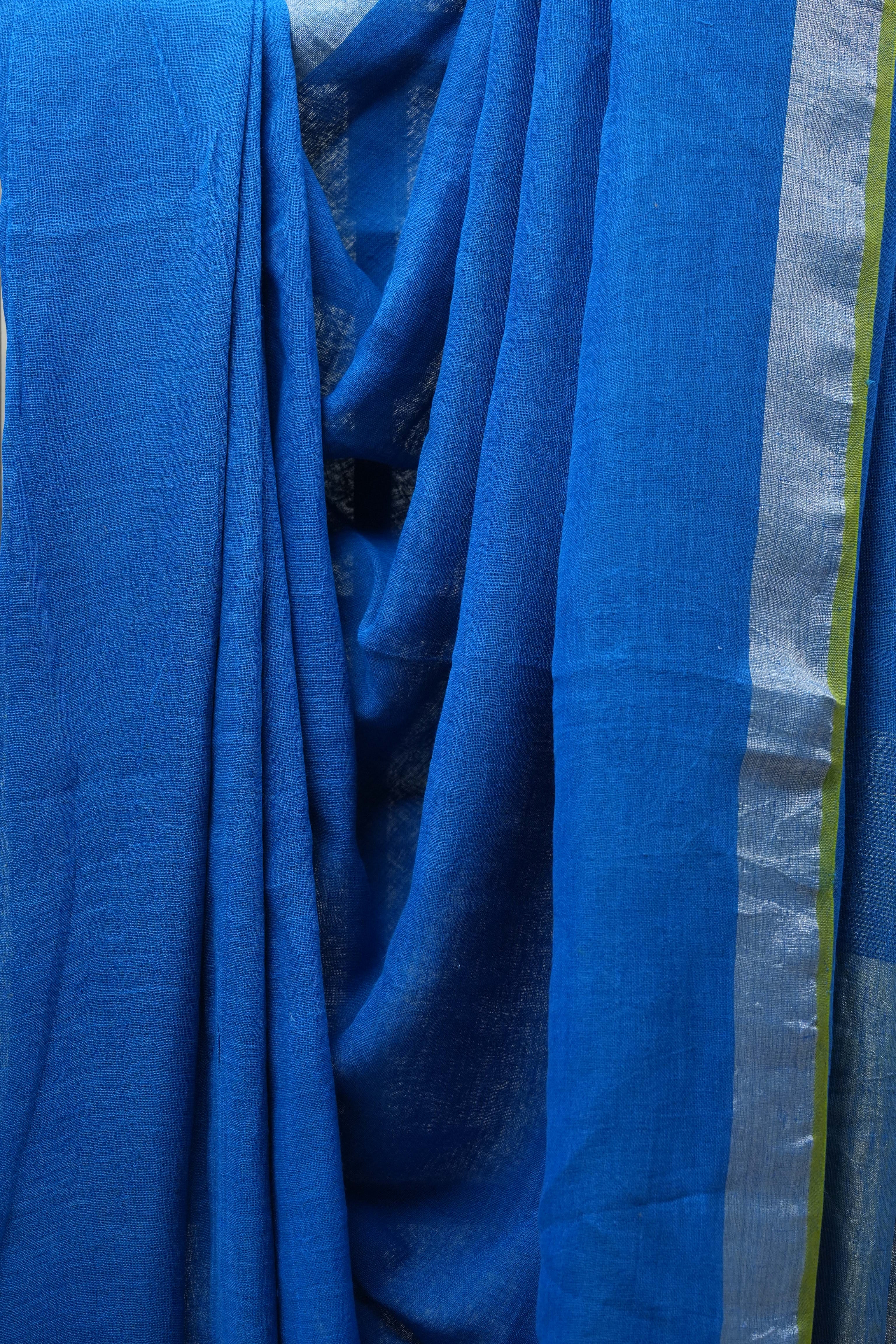 Blue Plain Linen Saree With Green Tassels - SRBPLS272