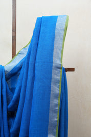 Blue Plain Linen Saree With Green Tassels - SRBPLS272