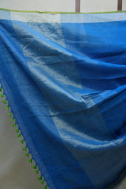 Blue Plain Linen Saree With Green Tassels - SRBPLS272