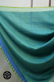 Blue Plain Linen Saree With Green Tassels - SRBPLS272