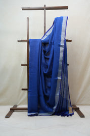 Blue Plain Linen Saree With Tassels - SRBPLS271