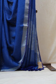 Blue Plain Linen Saree With Tassels - SRBPLS271