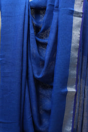 Blue Plain Linen Saree With Tassels - SRBPLS271