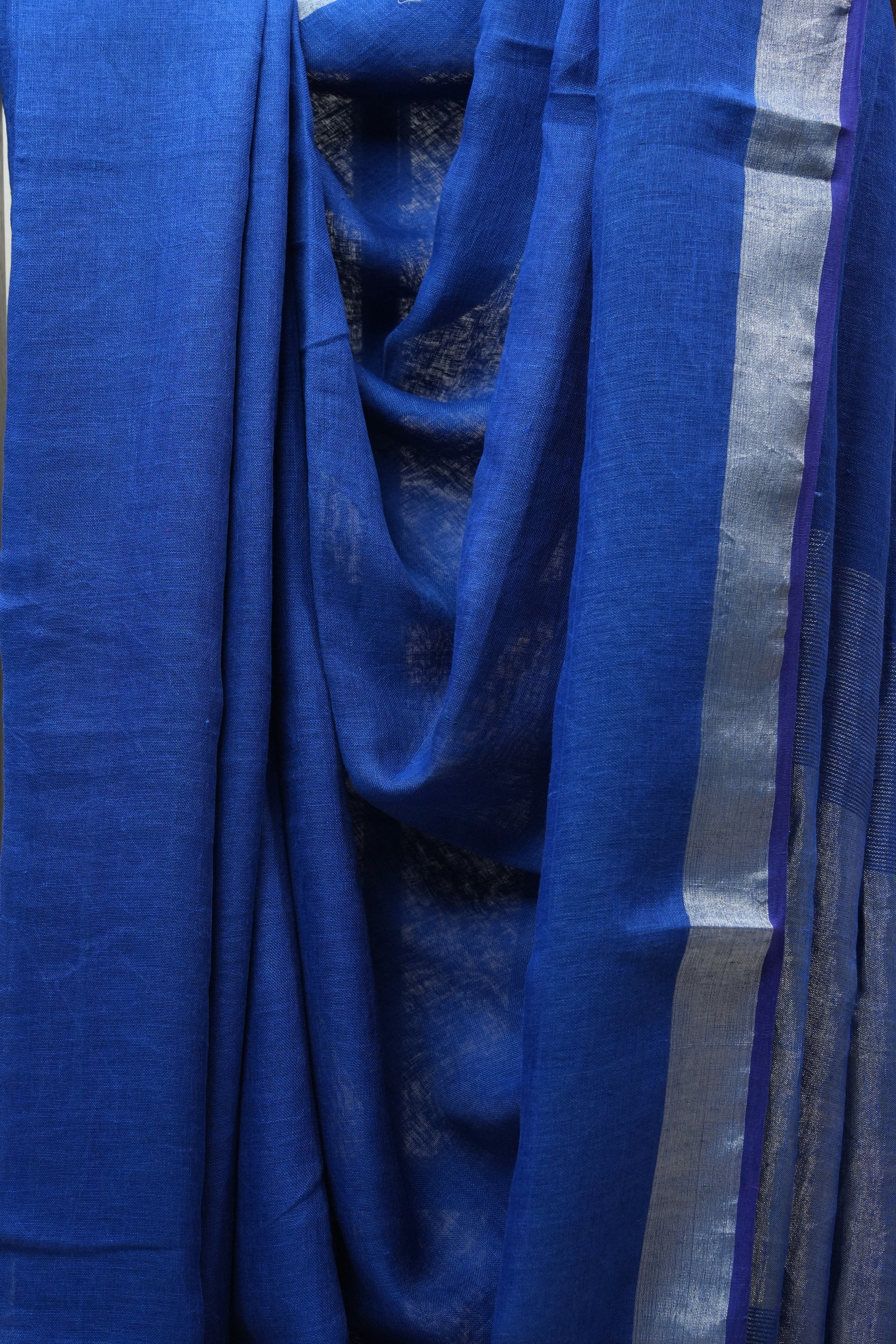 Blue Plain Linen Saree With Tassels - SRBPLS271