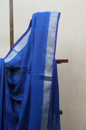 Blue Plain Linen Saree With Tassels - SRBPLS271
