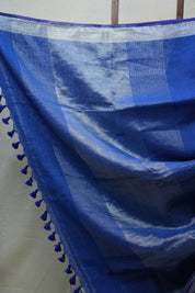Blue Plain Linen Saree With Tassels - SRBPLS271