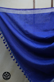 Blue Plain Linen Saree With Tassels - SRBPLS271
