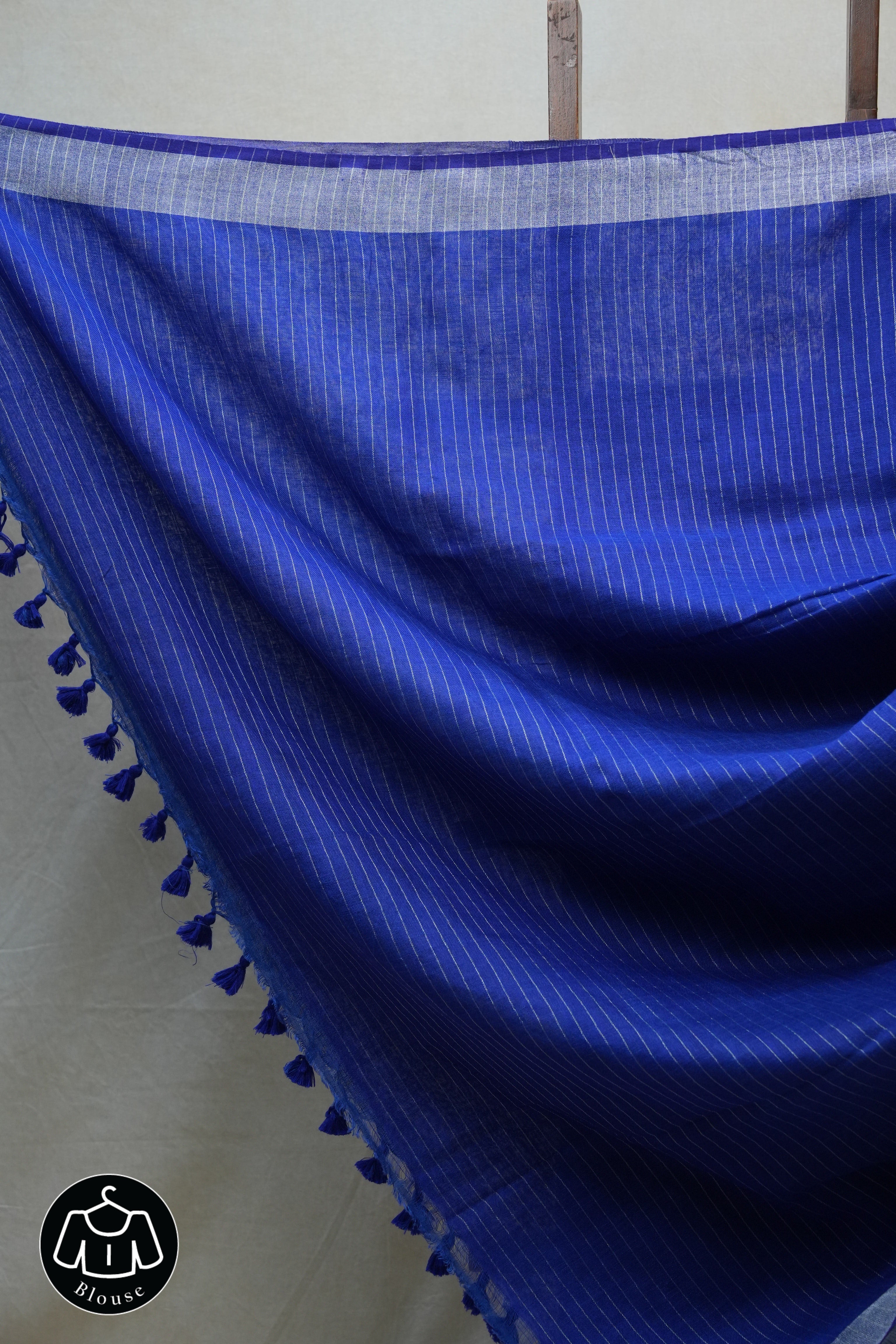 Blue Plain Linen Saree With Tassels - SRBPLS271