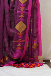 Magenta Linen Jamdani Saree With Tassels - SRMLJS349