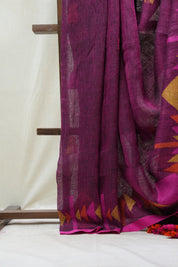 Magenta Linen Jamdani Saree With Tassels - SRMLJS349