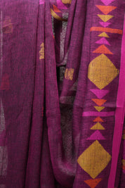 Magenta Linen Jamdani Saree With Tassels - SRMLJS349