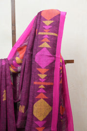Magenta Linen Jamdani Saree With Tassels - SRMLJS349