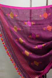 Magenta Linen Jamdani Saree With Tassels - SRMLJS349