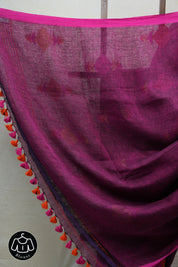 Magenta Linen Jamdani Saree With Tassels - SRMLJS349