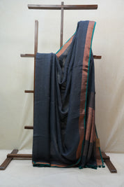 Teal Plain Linen Saree With Tassels - SRLPLS275