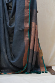 Teal Plain Linen Saree With Tassels - SRLPLS275