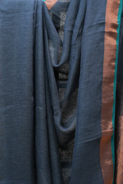 Teal Plain Linen Saree With Tassels - SRLPLS275