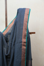 Teal Plain Linen Saree With Tassels - SRLPLS275