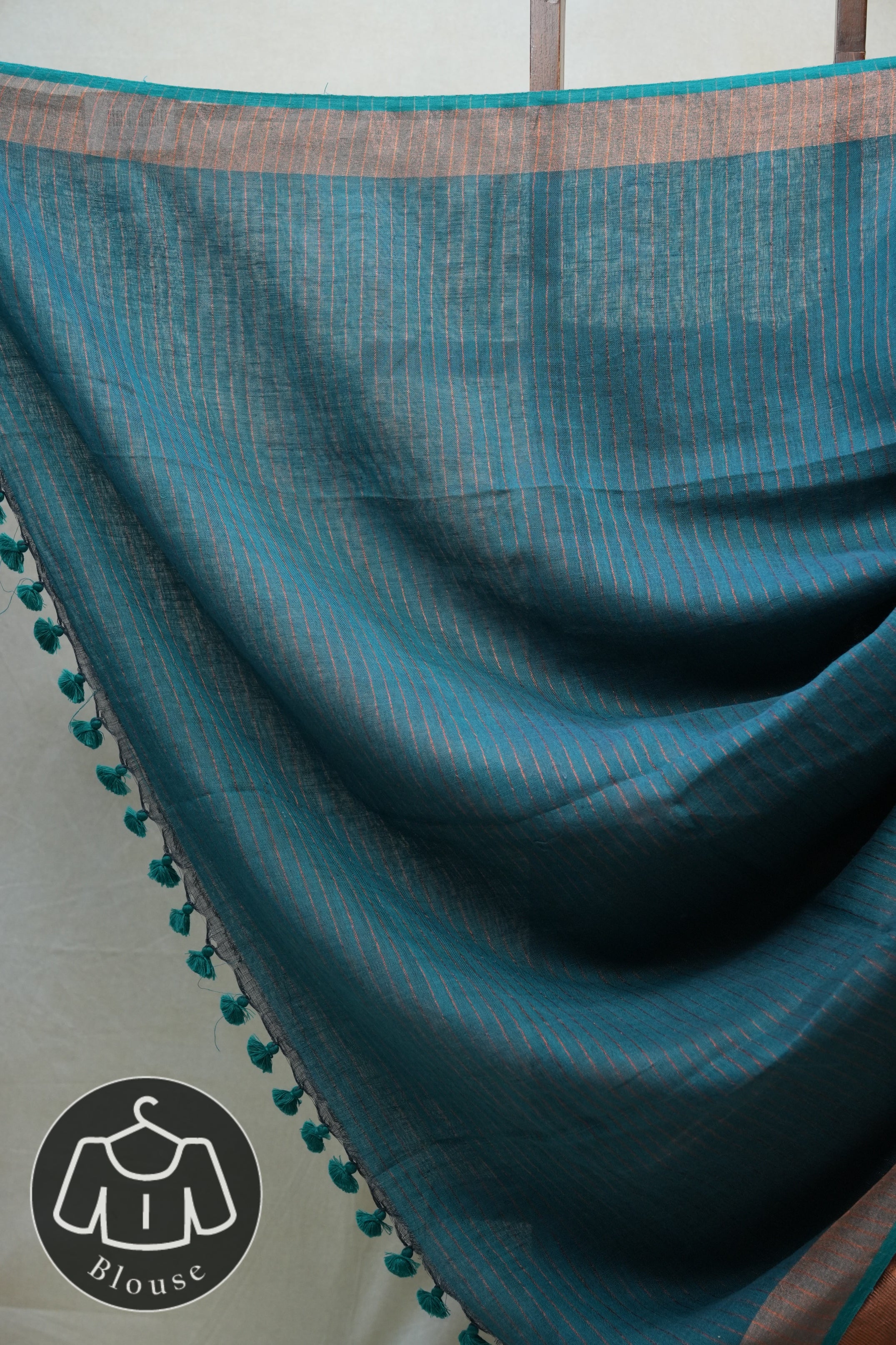 Teal Plain Linen Saree With Tassels - SRLPLS275
