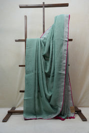 Light Green Plain Linen Saree With Pink Tassels - SRLGPLS276
