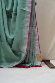 Light Green Plain Linen Saree With Pink Tassels - SRLGPLS276