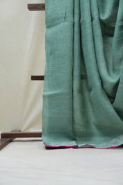 Light Green Plain Linen Saree With Pink Tassels - SRLGPLS276