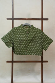 Green Stand Collar HBP Cotton Blouse - SRGSCCB155