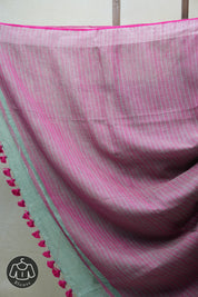 Light Green Plain Linen Saree With Pink Tassels - SRLGPLS276