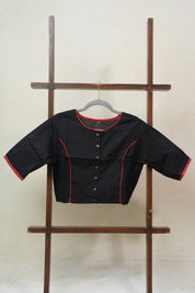 Black Boat Neck Plain Cotton Blouse With Red Piping - SRBBNCB35