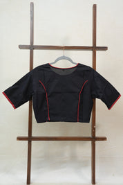 Black Boat Neck Plain Cotton Blouse With Red Piping - SRBBNCB35