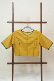 Olive Yellow Boat Neck Plain Cotton Blouse With Green Piping - SROYBNCB36
