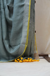 Olive Green Plain Linen Saree With Yellow Tassels - SROGPLS286