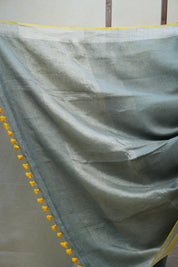 Olive Green Plain Linen Saree With Yellow Tassels - SROGPLS286