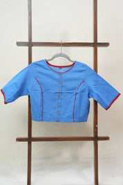 Blue Boat Neck Plain Cotton Blouse With Red Piping - SRBBNCB34