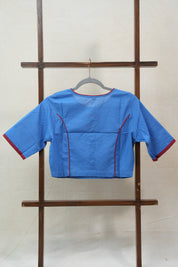 Blue Boat Neck Plain Cotton Blouse With Red Piping - SRBBNCB34