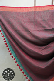 Green Plain Linen Saree With Red Tassels - SRGPLS284