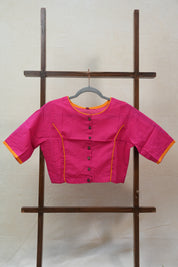 Pink Boat Neck Plain Cotton Blouse With Yellow Piping - SRPBNCB33