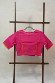 Pink Boat Neck Plain Cotton Blouse With Yellow Piping - SRPBNCB33