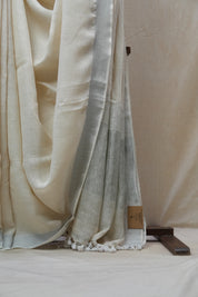 Off White  Plain Linen Saree With White Tassels - SROWPLS296