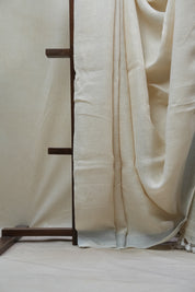 Off White  Plain Linen Saree With White Tassels - SROWPLS296