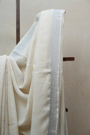 Off White  Plain Linen Saree With White Tassels - SROWPLS296