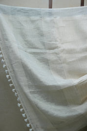 Off White  Plain Linen Saree With White Tassels - SROWPLS296
